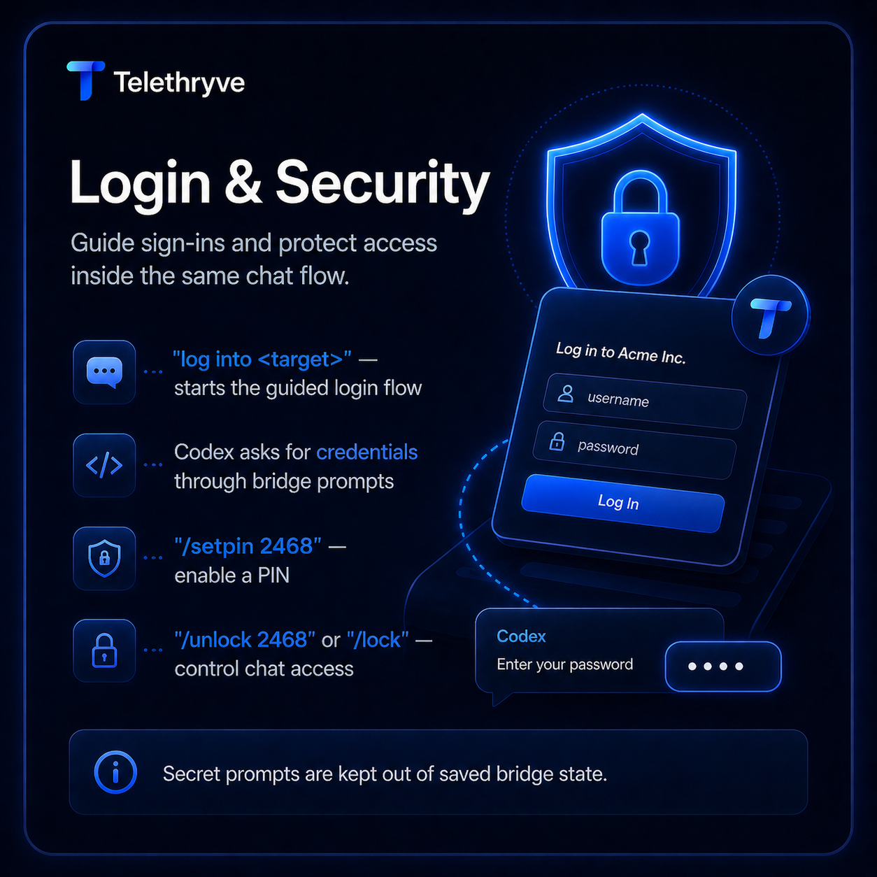 Slide explaining login and security controls in Telethryve