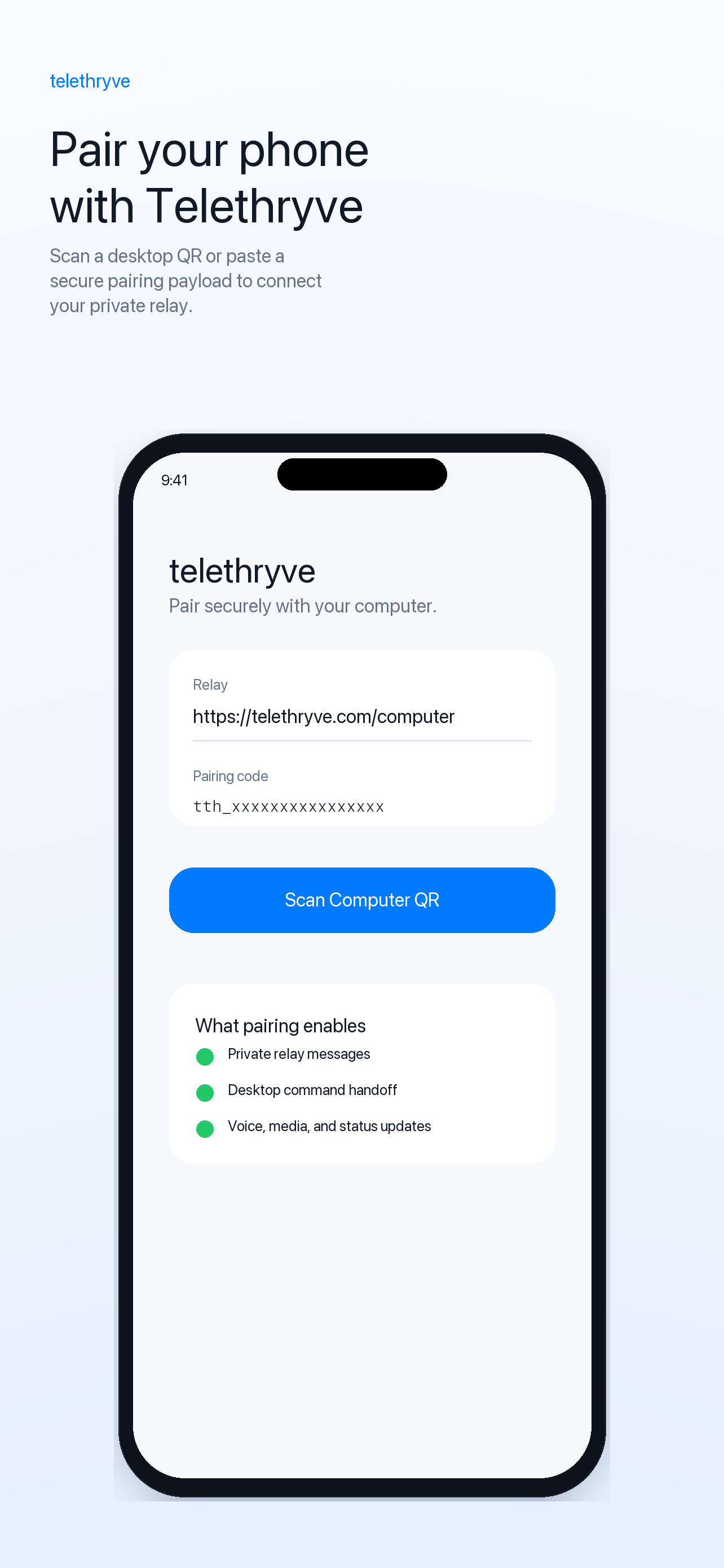 Telethryve iOS secure QR pairing screen