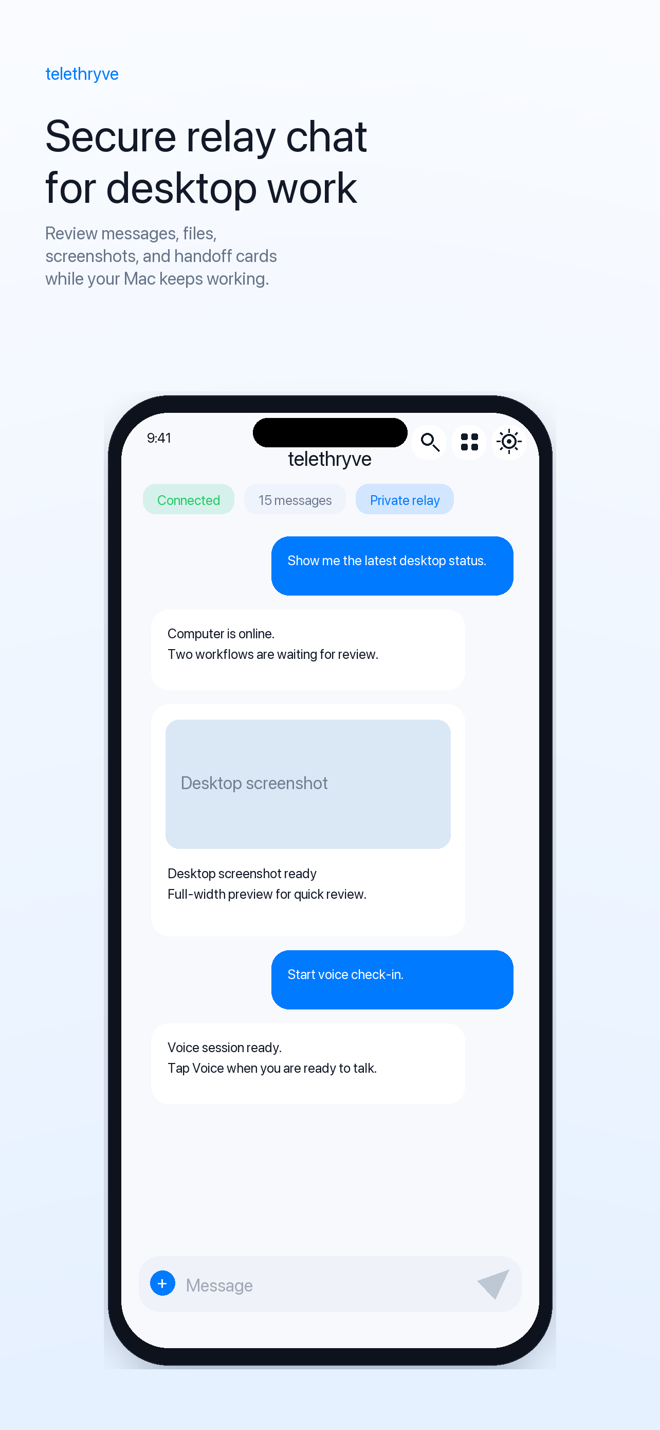 Telethryve iOS relay chat showing desktop status and returned work